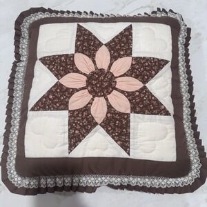 Vintage Eight Point‎ Star Pillow Ruffles Patchwork Quilted Cottagecore 19"x19"